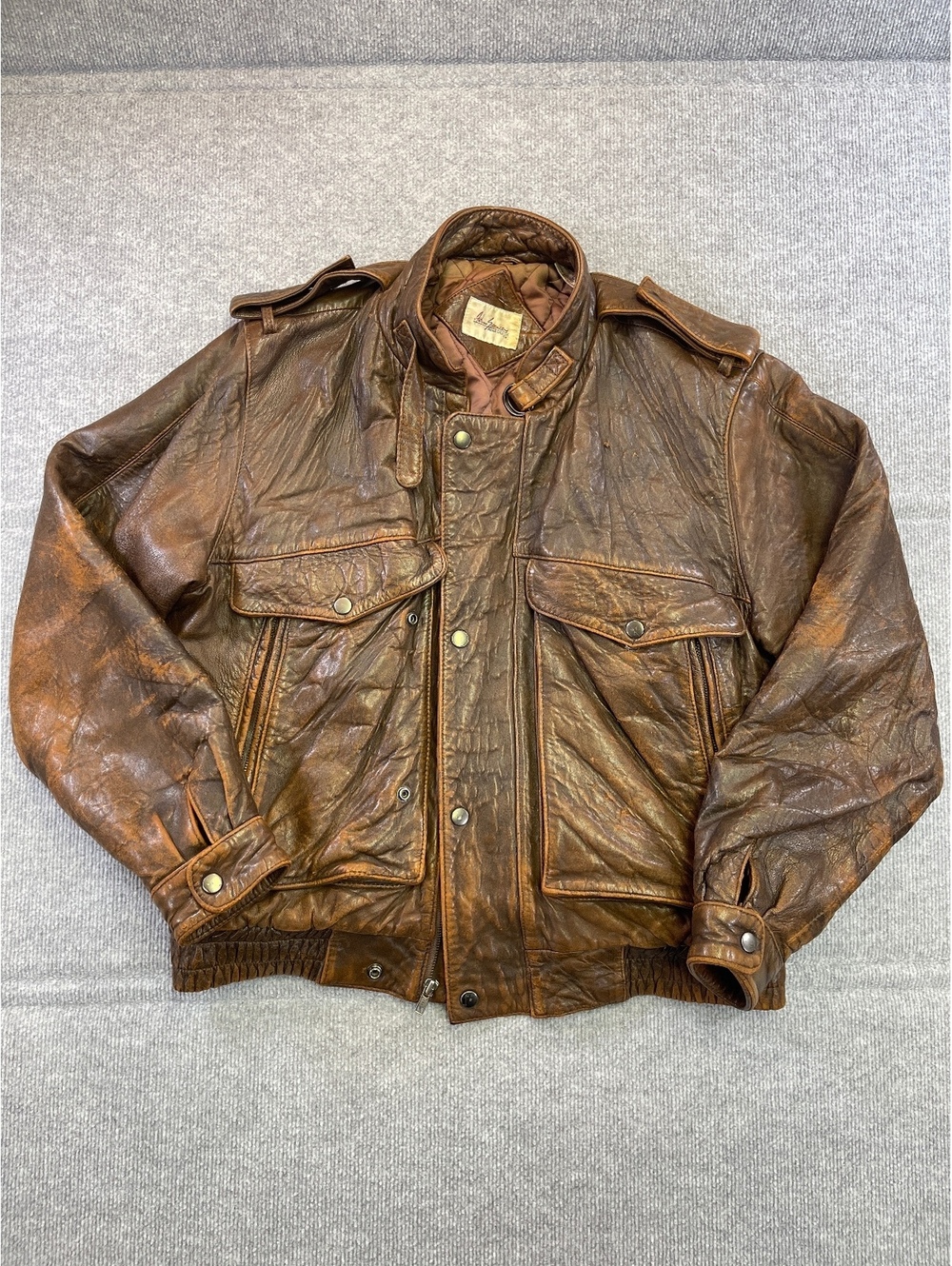 Vintage Adam Spencer Distressed Leather Bomber Flight Jacket Brown Mens